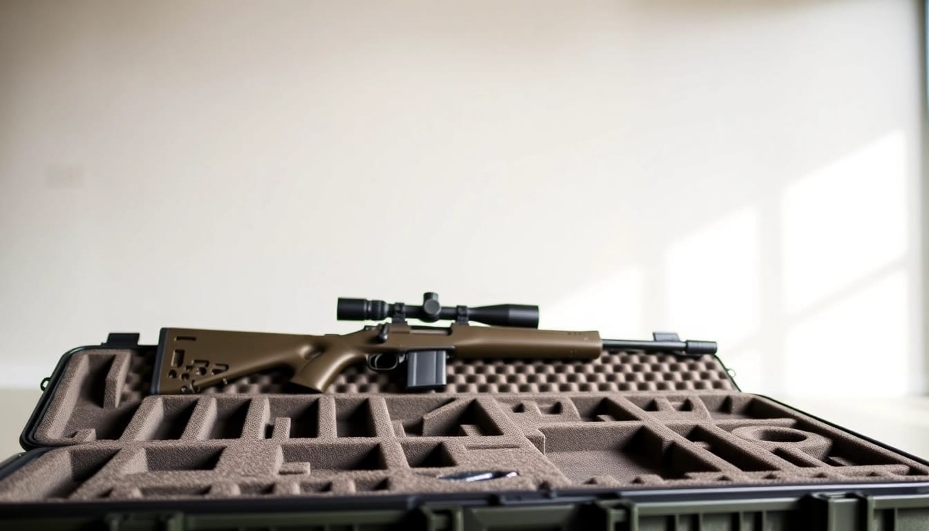 Showcase of foam for rifle case with organized compartments designed for safe storage.
