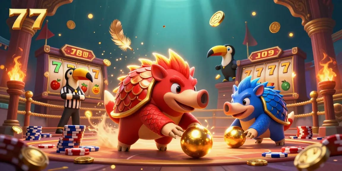 Engage with the vibrant action of 777 in this 3D casino scene filled with playful pangolins and dynamic gaming elements.