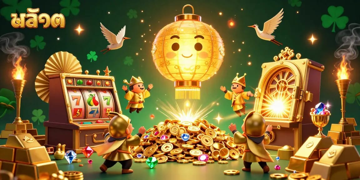 Experience thrilling สล็อต action with a floating golden lantern spirit above vibrant slot reels and lucky symbols.