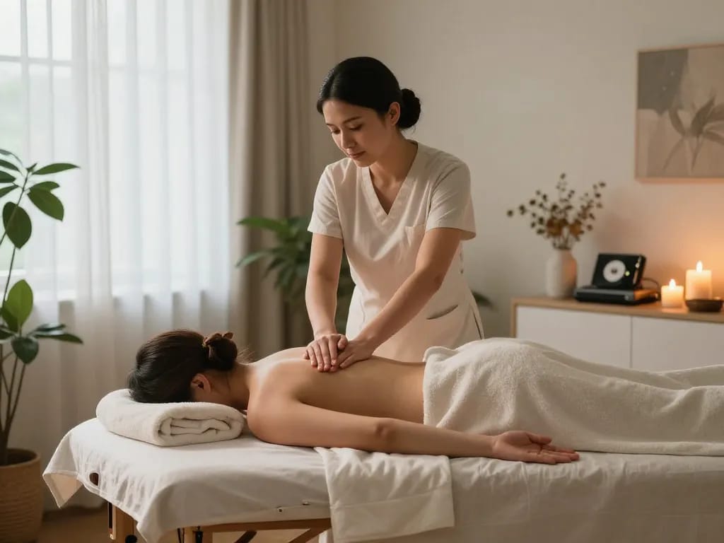 Relaxing Swedish massage scene at https://www.makangs.com/ with therapist, soothing ambiance, aromatic candles.