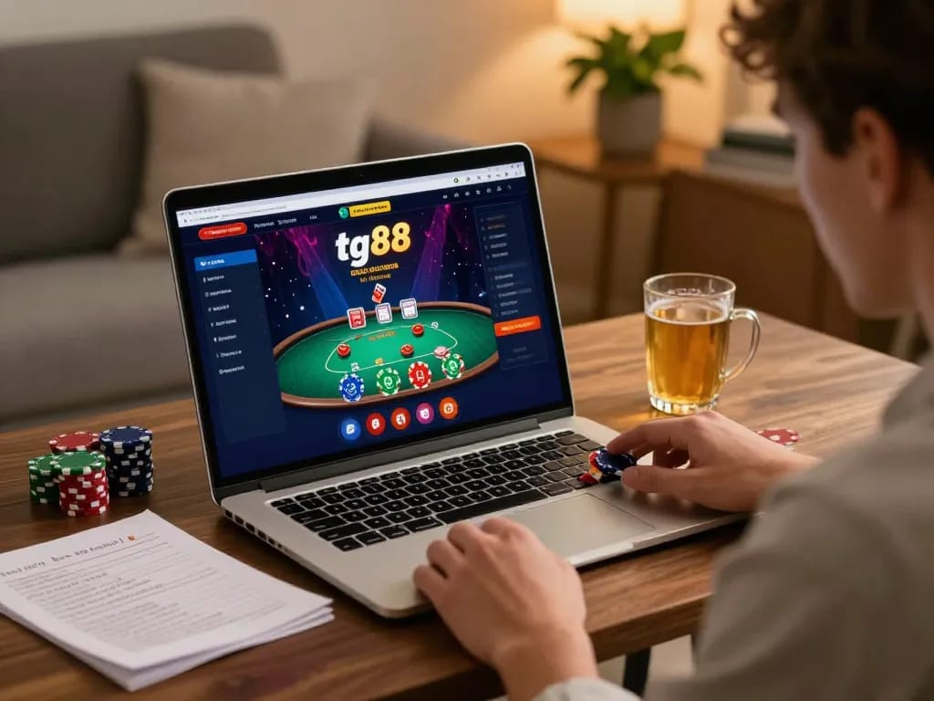 Engaging player exploring tg88 online casino with laptop in cozy home setting, highlighting strategic gameplay.