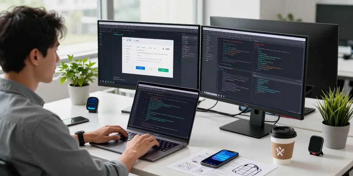 Developer coding the 纸飞机中文版 app in a modern workspace with dual monitors and natural light.