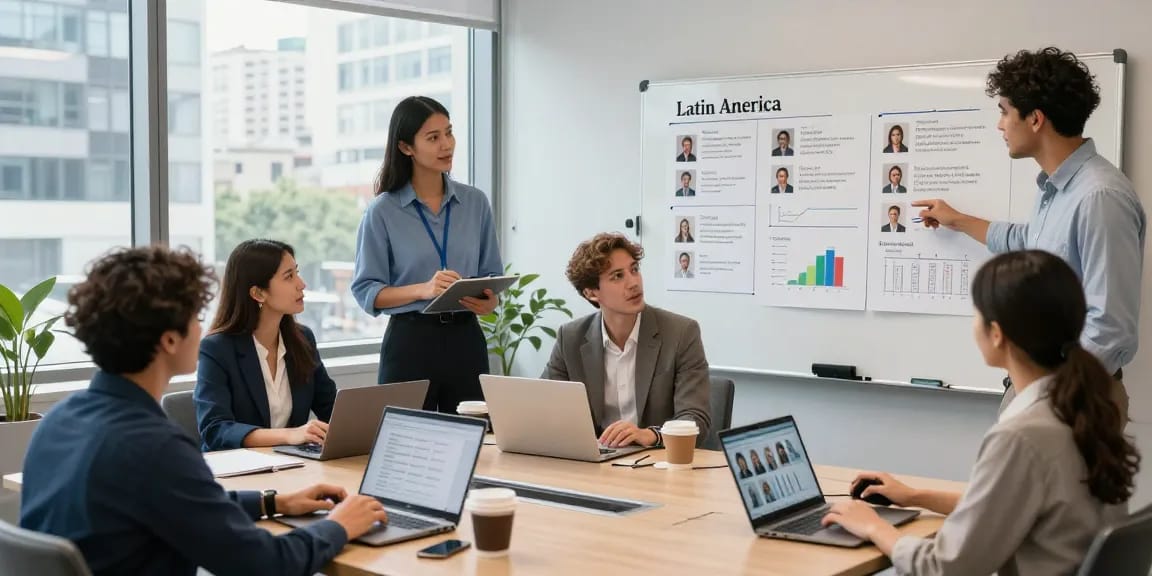 Team collaborating to hire in Latin America, showcasing recruitment strategies in a modern office.