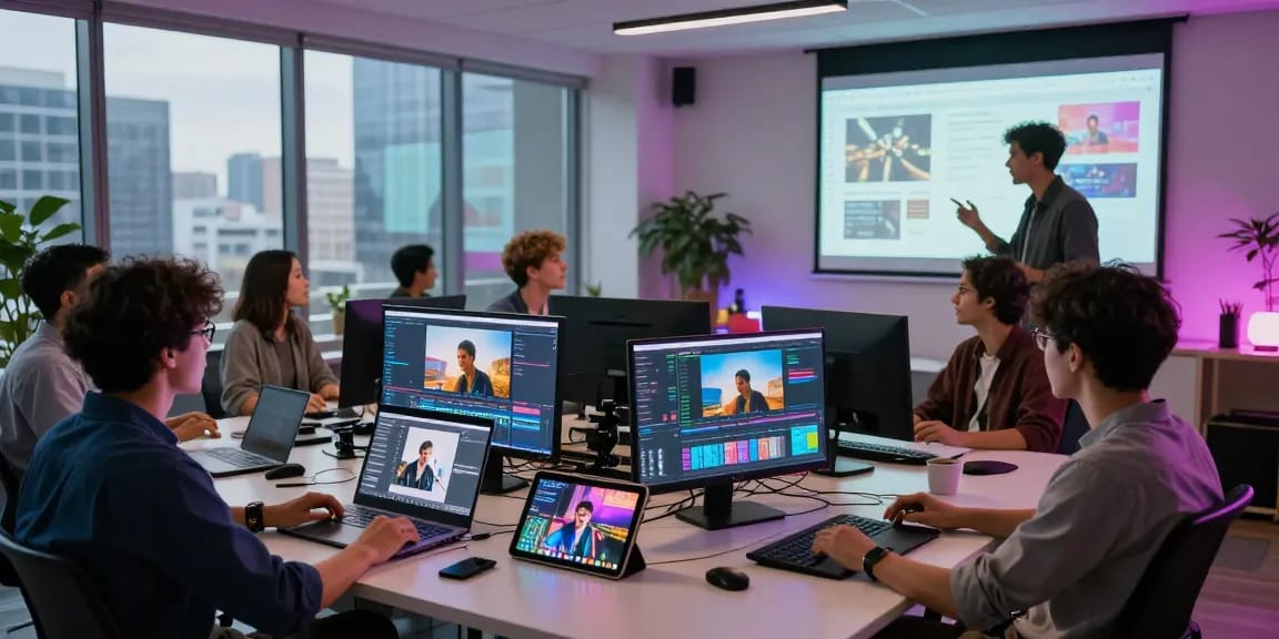Content creators innovatively using seedance ai in a vibrant workspace with collaborative energy.
