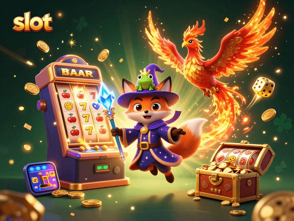 Engage in thrilling slot gameplay with a mystical fox wizard and a fiery phoenix, capturing jackpot excitement.