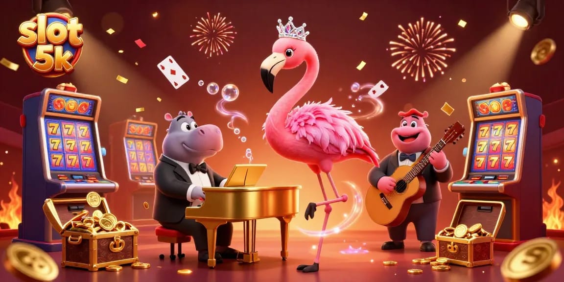 Experience the excitement of slot 5k with a dynamic casino scene featuring vibrant characters and celebratory elements.