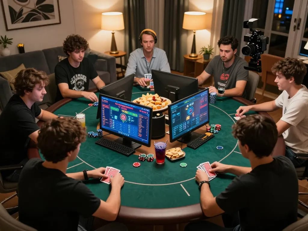 Players strategizing in an online poker game using nano banana 3, highlighting competitive gameplay and digital interfaces at home.