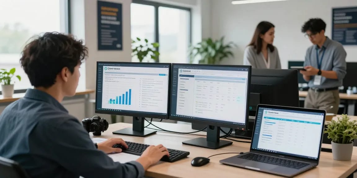 Analyzing cyber essentials cost compliance metrics in a modern office.