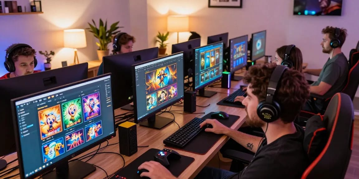 Players enjoying various non UK slot sites at home, vibrant game displays and cozy atmosphere.