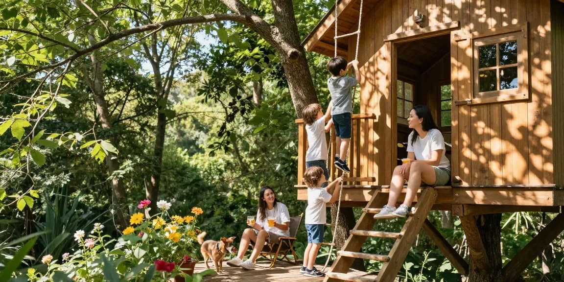Family enjoying treehouses in a forest setting, creating joyful moments together.