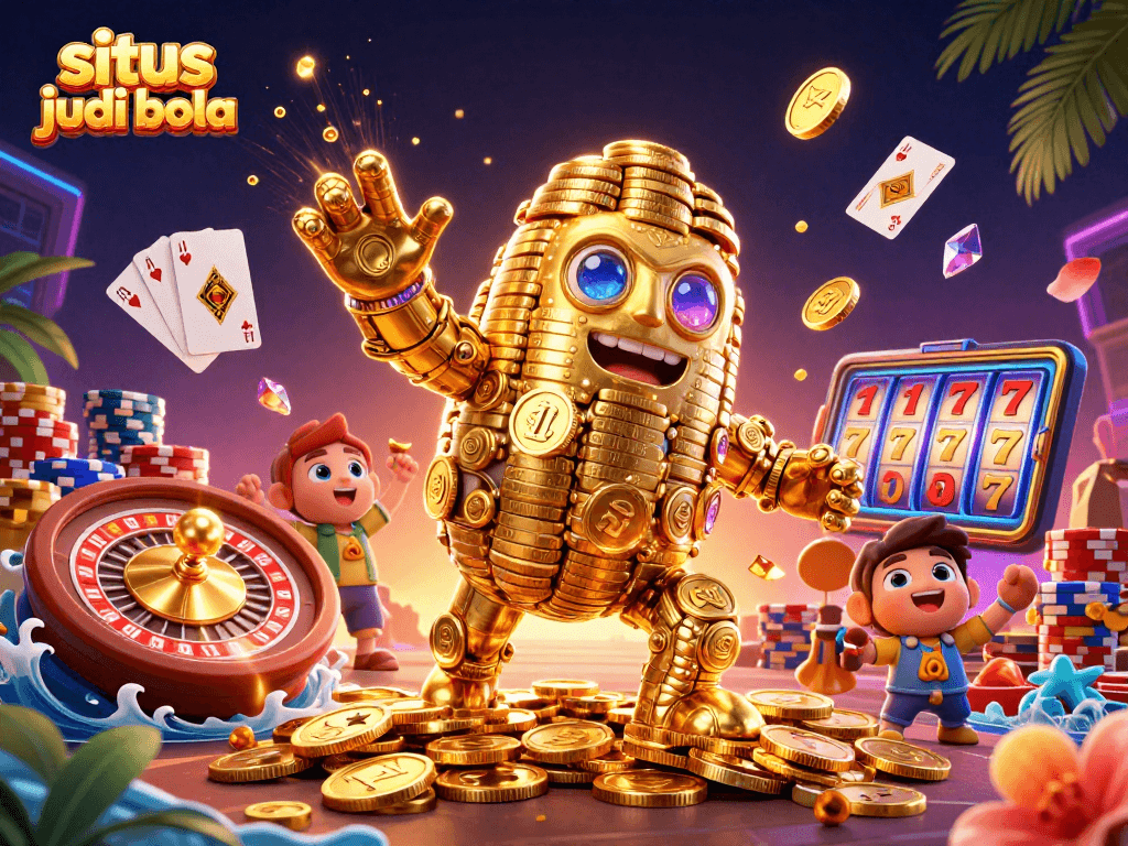 Engage with situs judi bola, showcasing vibrant gold coins, dynamic characters, and exhilarating casino elements.