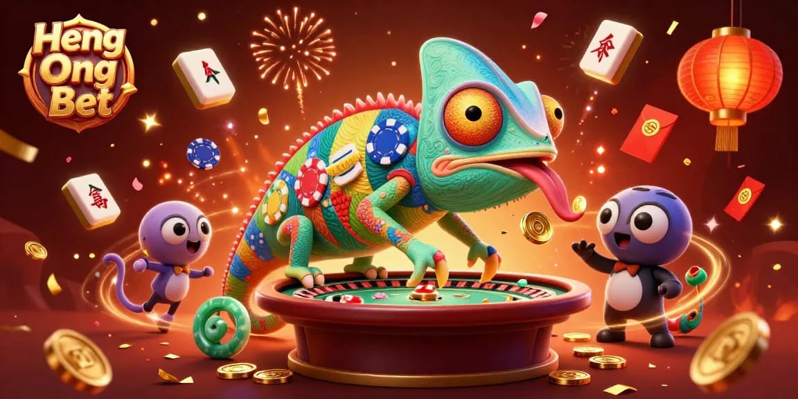 Engage in thrilling gameplay at Heng Ong Bet with a vibrant chameleon casino owner and festive elements