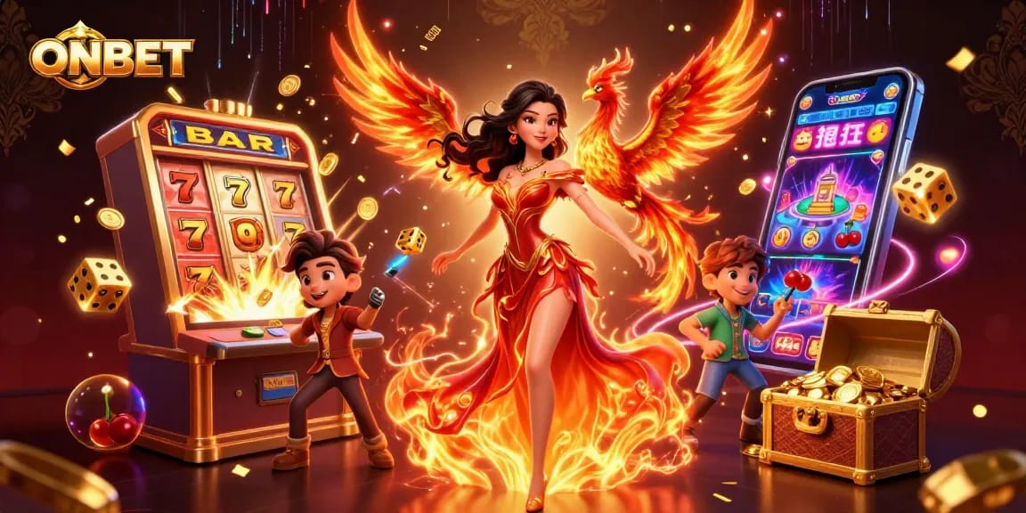 Engage with ONBET's thrilling casino experience featuring vivid characters and game elements.