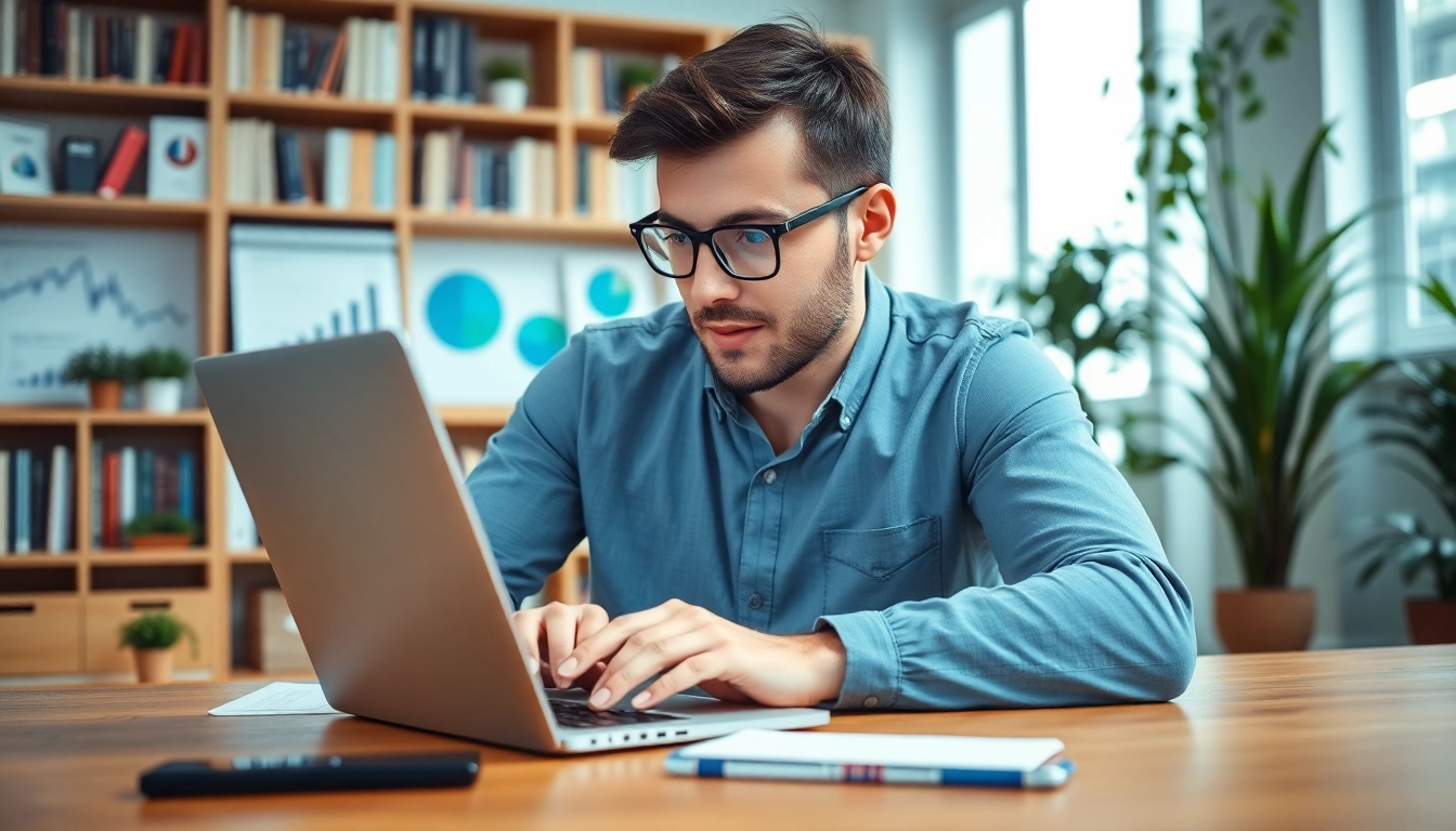 Anbieter suchmaschinenoptimierung mit einem SEO-Berater im modernen Büro, der engagiert arbeitet und Analysen durchführt.