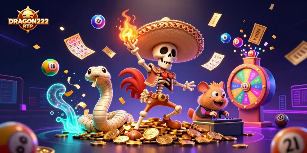 Experience thrilling moments with DRAGON222 RTP as the mariachi rooster and friends dance in a casino feast.