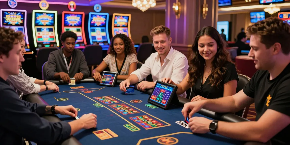 Exciting scene at credit card casinos with diverse players enjoying games and utilizing credit cards for seamless transactions.