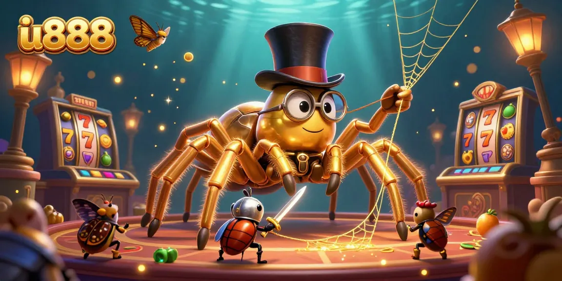 Experience thrilling slot action with u888 in this dynamic casino scene featuring a golden tarantula and knight.