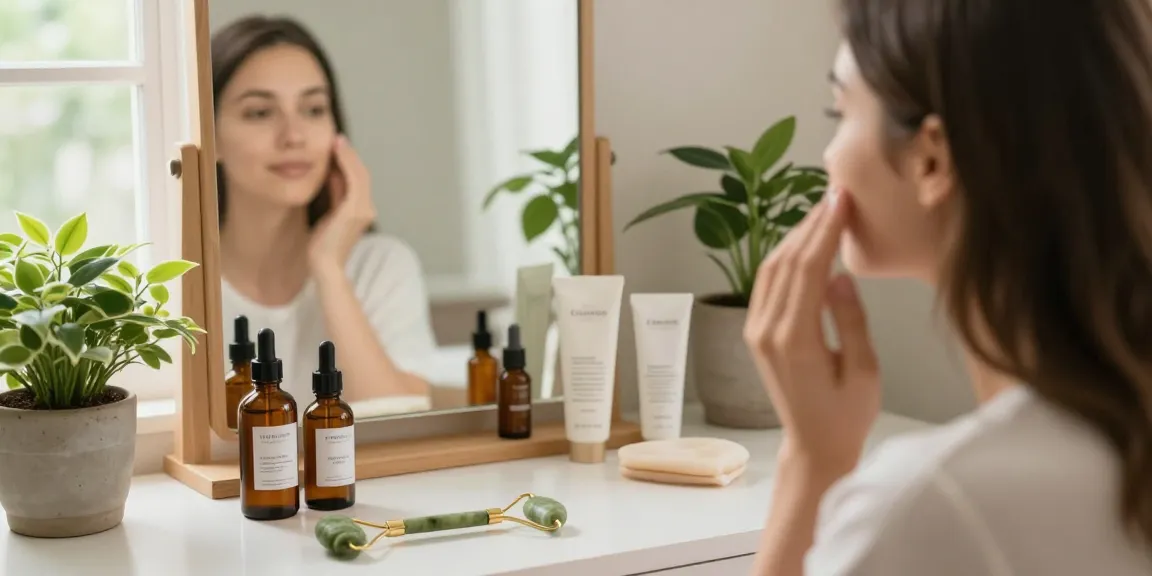 Demonstrând utilizarea serului facial, o femeie aplică ser facial într-un cadru liniștit de îngrijire a pielii.