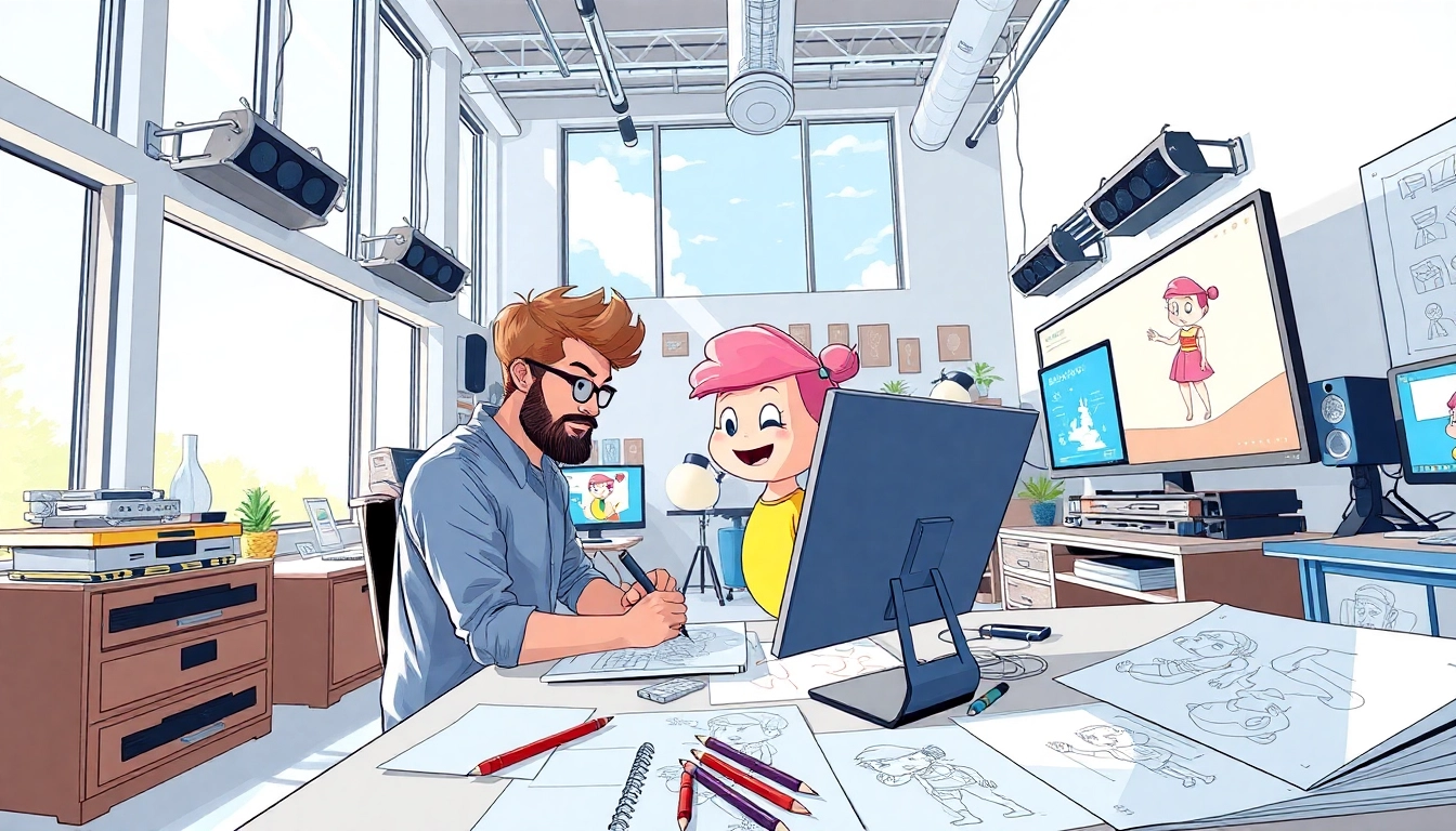 Erstellen Sie eine fesselnde 2D Animation mit bunter Charakterzeichnung in einem kreativen Studio.