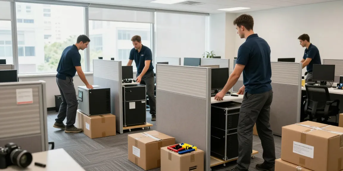 Expert commercial movers carefully packing office equipment during relocation.