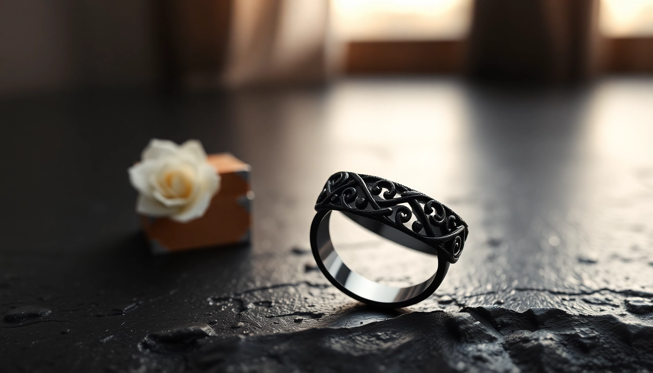 Admiring a unique Black Wedding Rings for Men with intricate designs against a dark backdrop.