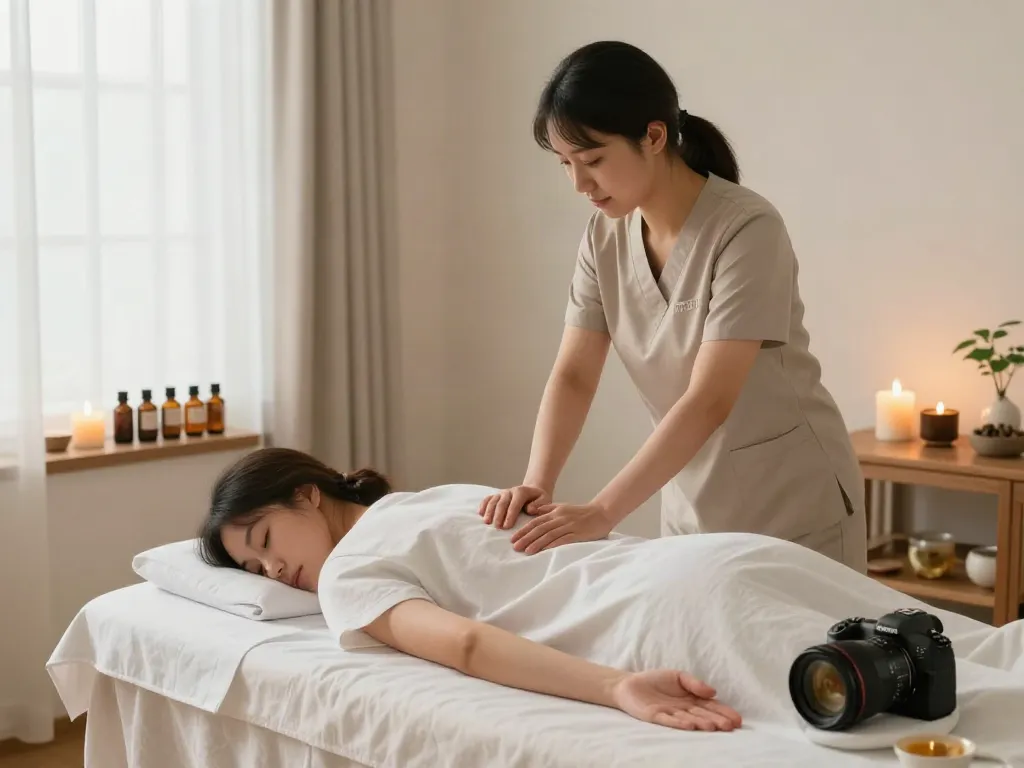 Relaxing 용산출장마사지 environment with professional therapist, soothing candles, and natural light.