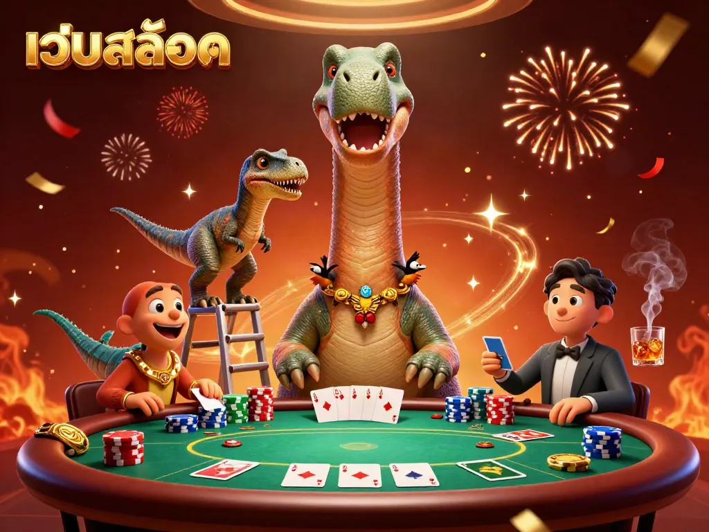 การเล่นสล็อตในเว็บสล็อตพร้อมกับมังกรตัวใหญ่และการ์ดเกมที่กระจัดกระจาย