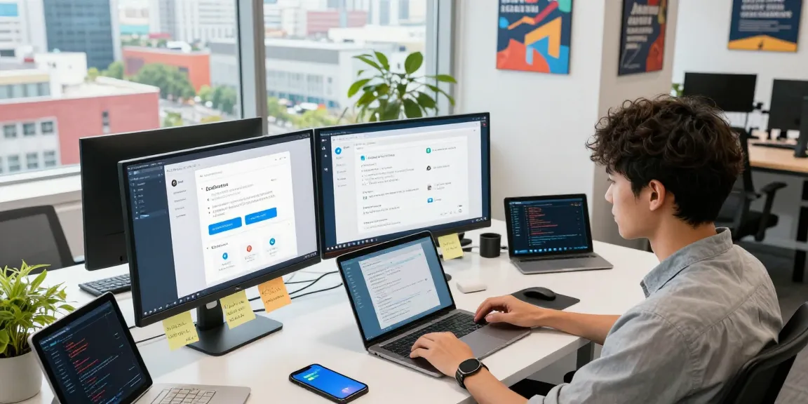Dynamic workspace scene with Telegram app in 中文, showcasing tech-savvy professional engaged in language settings