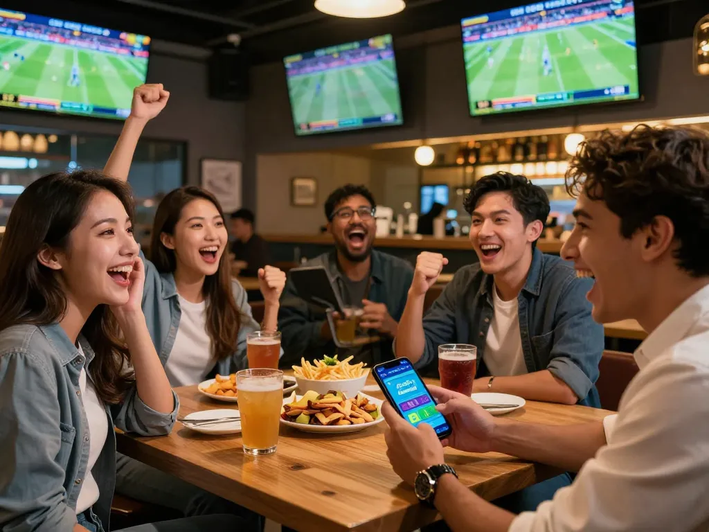 Excited friends placing bets using Fun88 com app while cheering for live sports in a vibrant bar