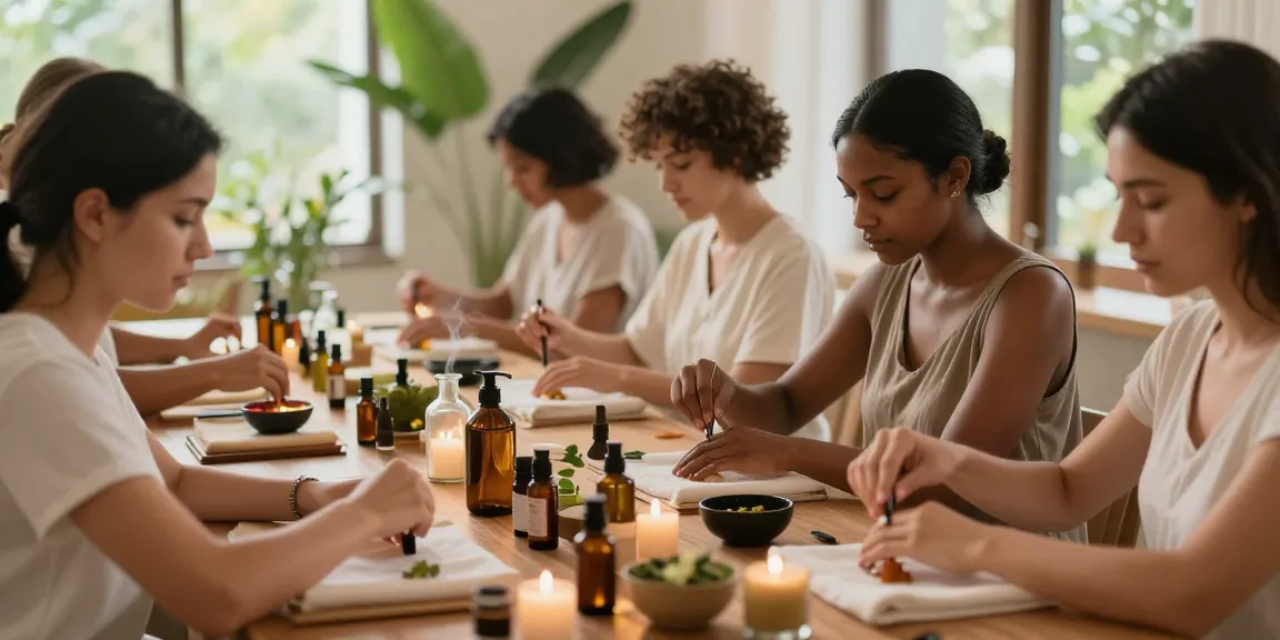 Participants learning about exotic natural body oils in a calming workshop in Durham NC