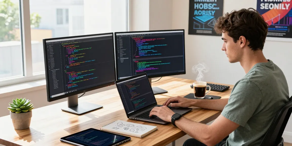 Developer at work on 纸飞机中文版 with laptops and monitors in a modern tech workspace.