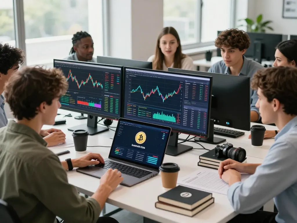 Engaged team discussing a crypto earning platform features in a modern workspace with charts and data.