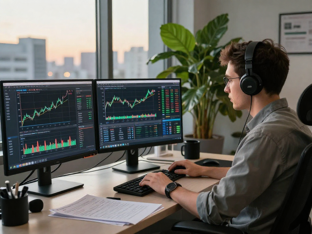 Trader using metatrader 5 with dual monitors for market analysis.