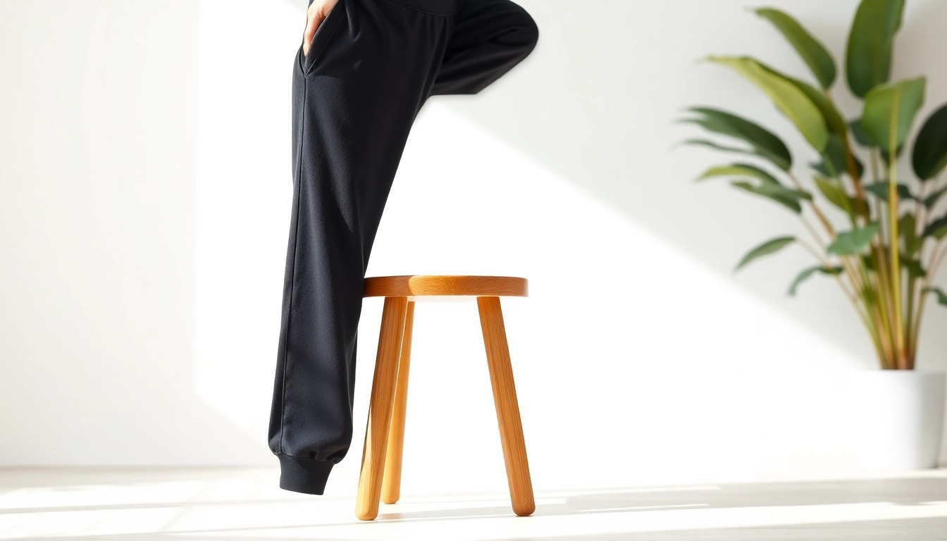 Model showcasing black baggy sweatpants in a natural setting, emphasizing style and comfort.
