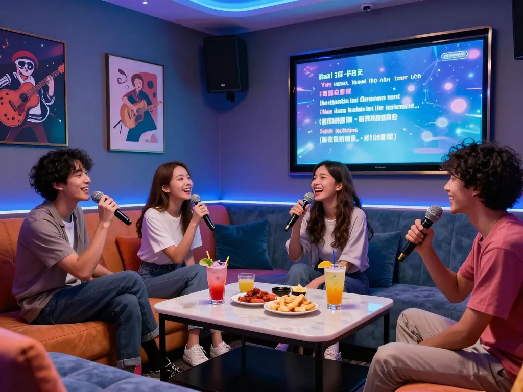 친구들이 음료, 스낵, 그리고 활기찬 장식으로 즐기는 세션을 보여주는 https://www.3no.org/seo의 활기찬 노래방.