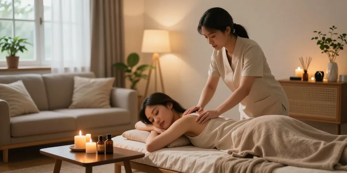 동대문출장안마를 받으며 편안하게 휴식하는 여성의 모습과 아늑한 공간의 따뜻한 분위기