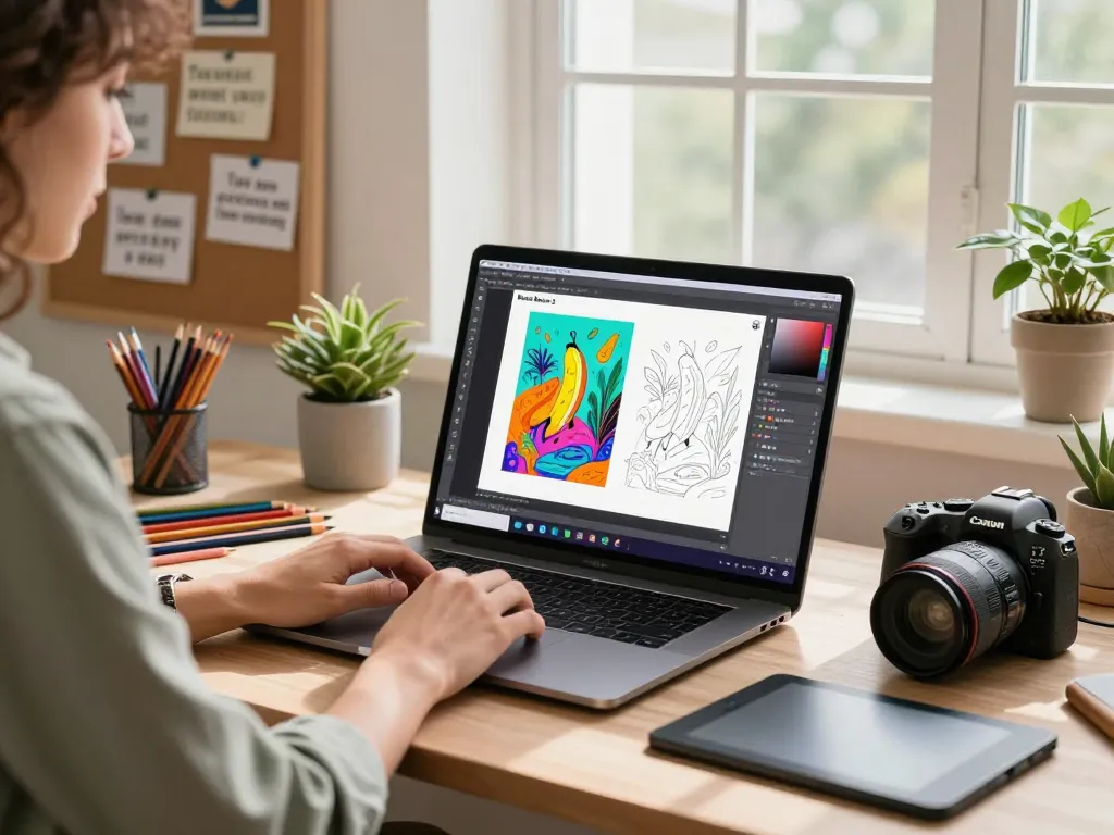Artist creating digital art using the innovative Nano Banana 2 AI editor in a bright studio.