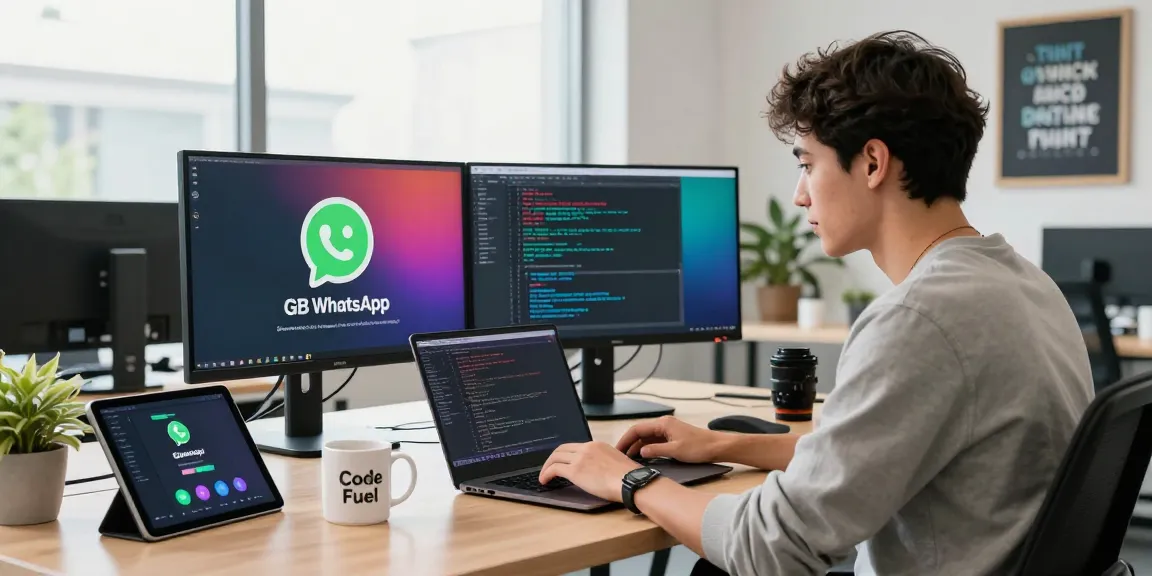 Developer coding GB WhatsApp interface in a bright, modern office.