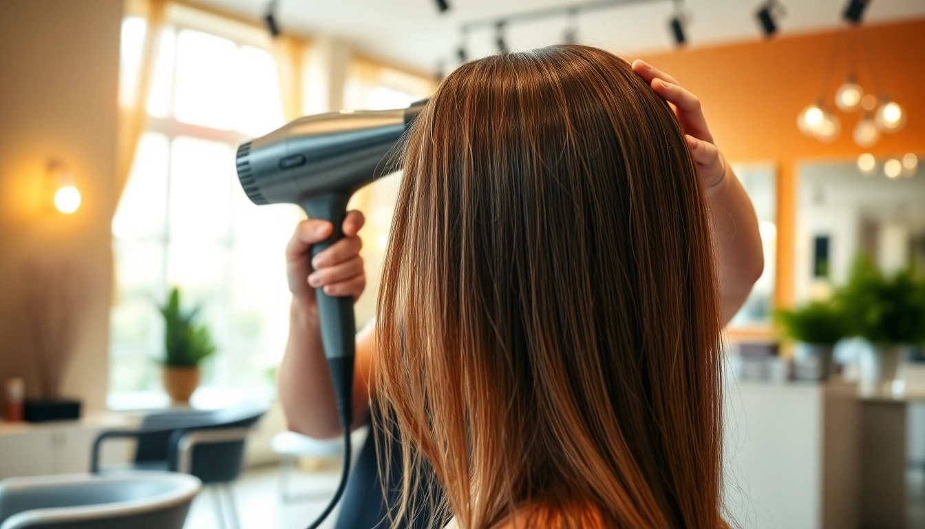 Hair dryer for frizzy hair in action, showcasing professional hairstyling technique.