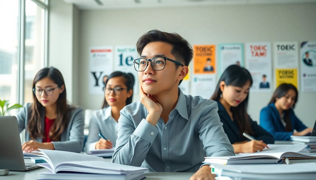 Focused TOEIC test takers for hire studying in a bright, professional office environment.