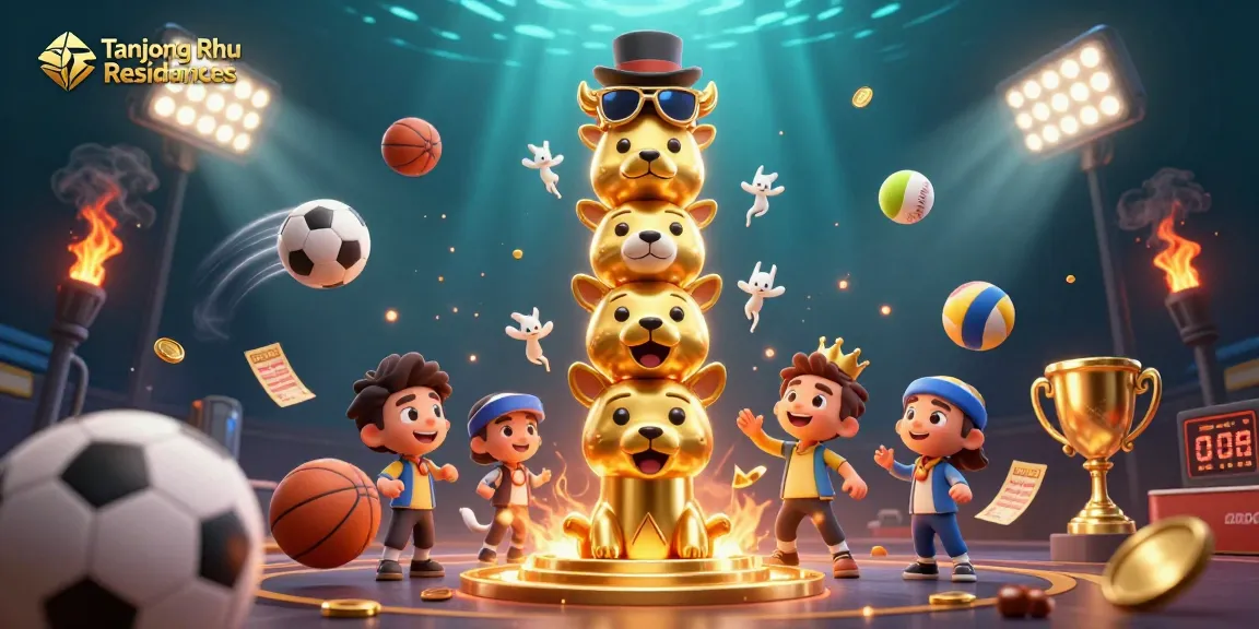 Tanjong Rhu Residences showcases animated totem pole amidst dynamic sports action, capturing vibrant casino excitement.