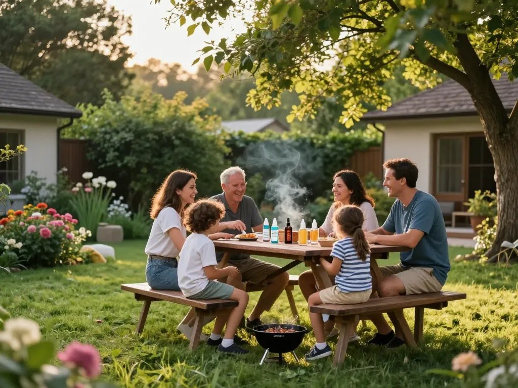 Family enjoying a barbecue outdoors with mosquito repellent nearby for protection.