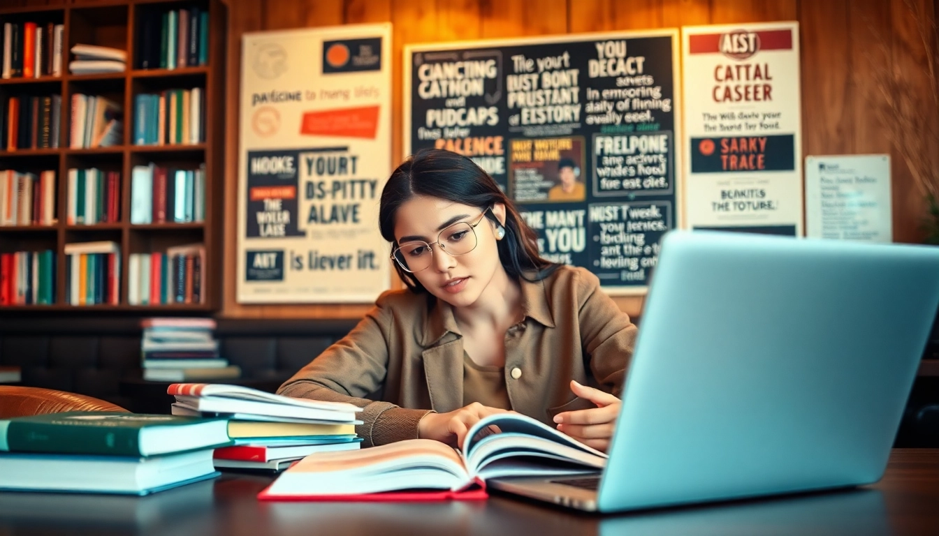 Focused student uses laptop and notes to pay someone to take toefl in a cozy café setting.