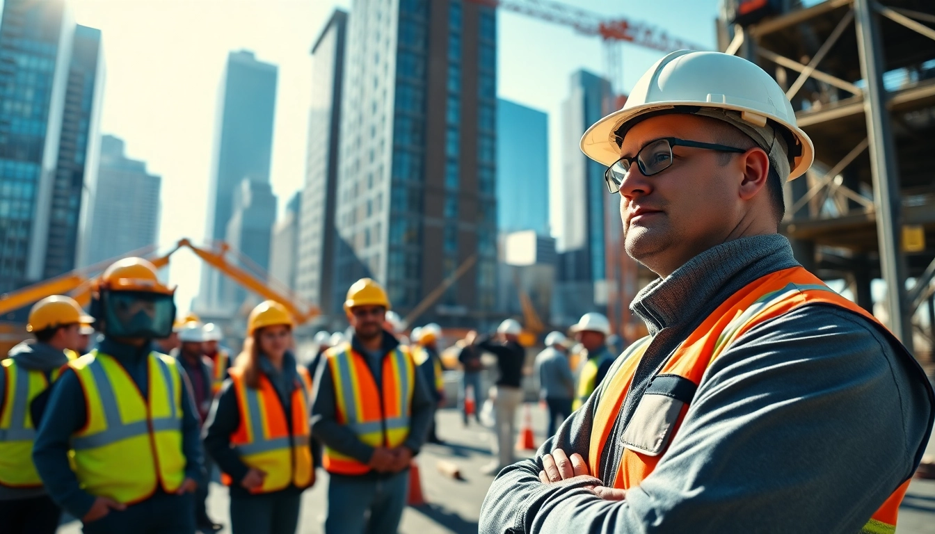 New York Construction Manager coordinating a construction project amidst a vibrant urban setting.