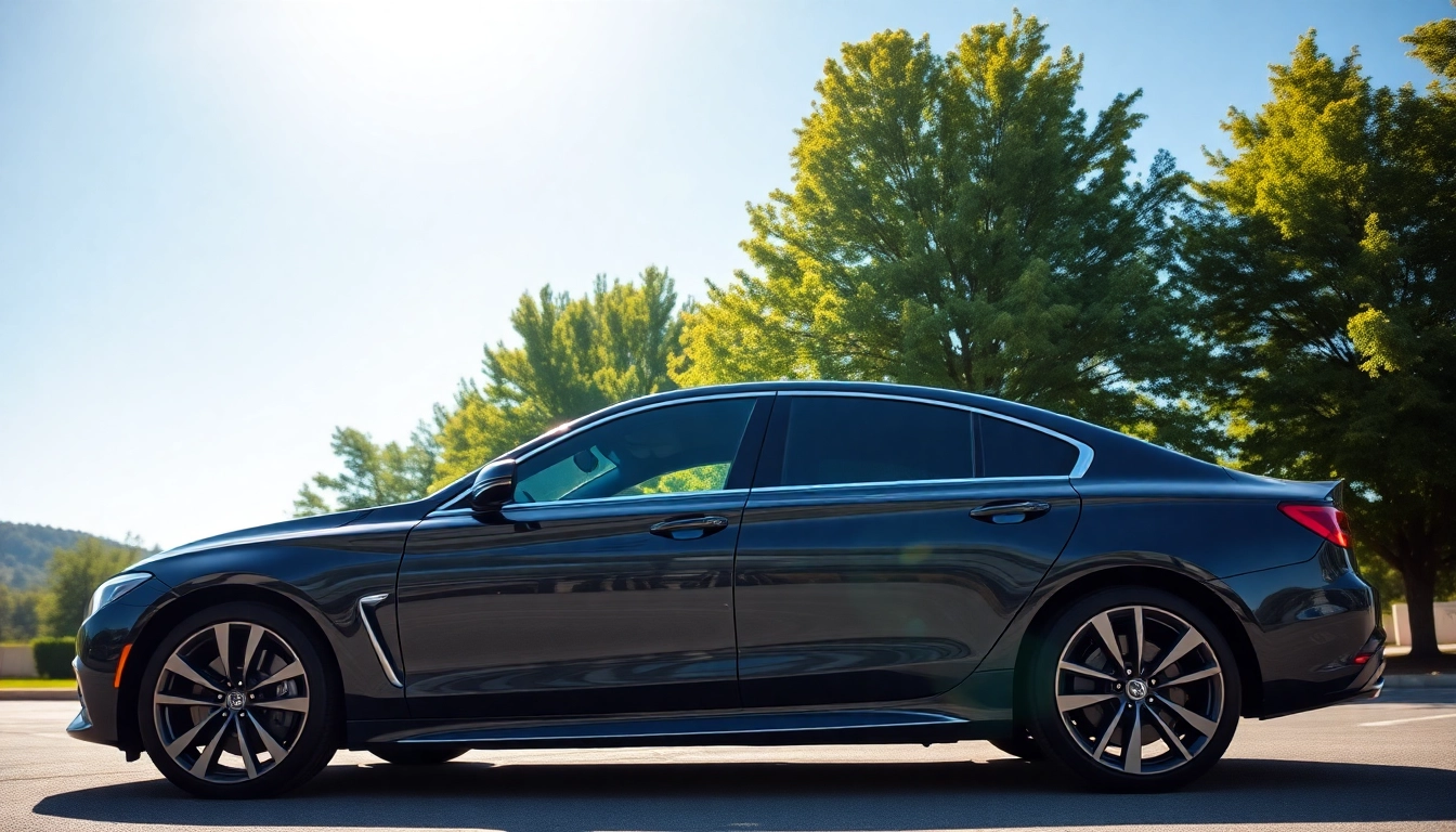 Highlight the benefits of an extended auto warranty with a polished car in a scenic setting.