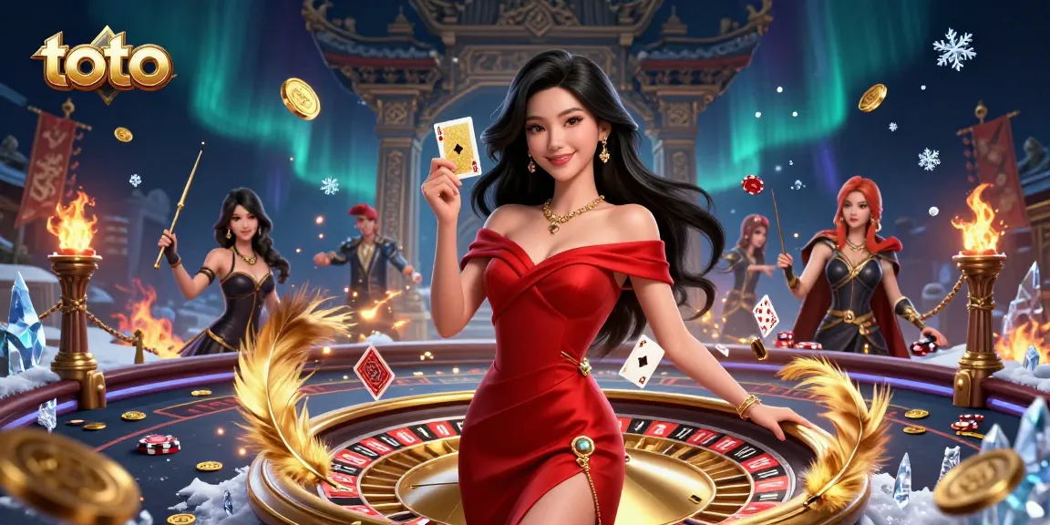 Toto casino scene featuring an elegant Asian woman holding a golden playing card beside a roulette wheel.