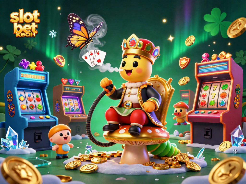 Engage in vibrant slot bet kecil games with a magical caterpillar in this lively casino scene.