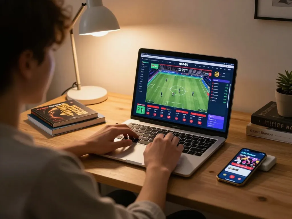 Engaging in online betting at open88 com from a cozy home office setup with sports betting displayed.