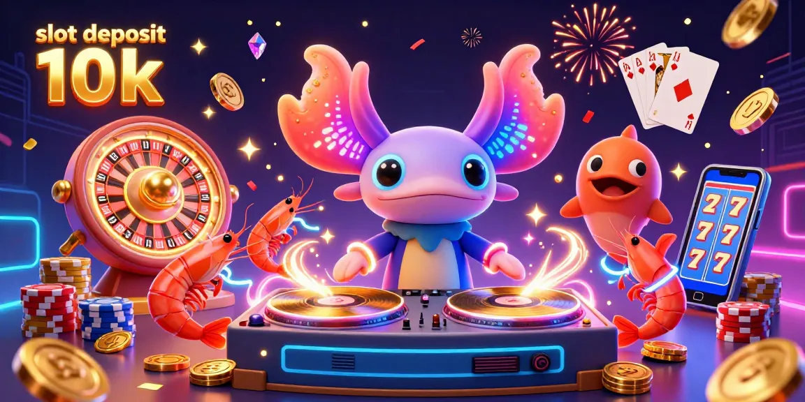 Experience the thrill of slot deposit 10k with a vibrant neon axolotl DJ and festive casino elements.