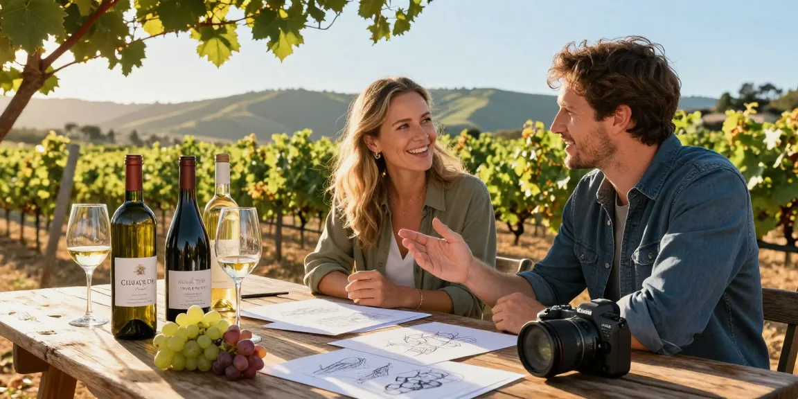 Creative discussion about white label wine branding amidst a scenic vineyard.